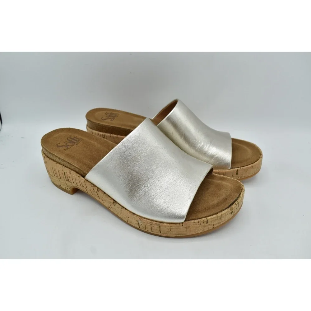 Sofft Cass Wedge Sandals Womens 11 Silver Platino Leather Platform Slides Boho